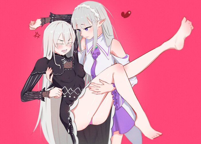 Emilia & Echidna - NSFW, Anime art, Anime, Yuri, Friend, Re: Zero Kara, Emilia, Echidna, Underwear, Twitter (link)