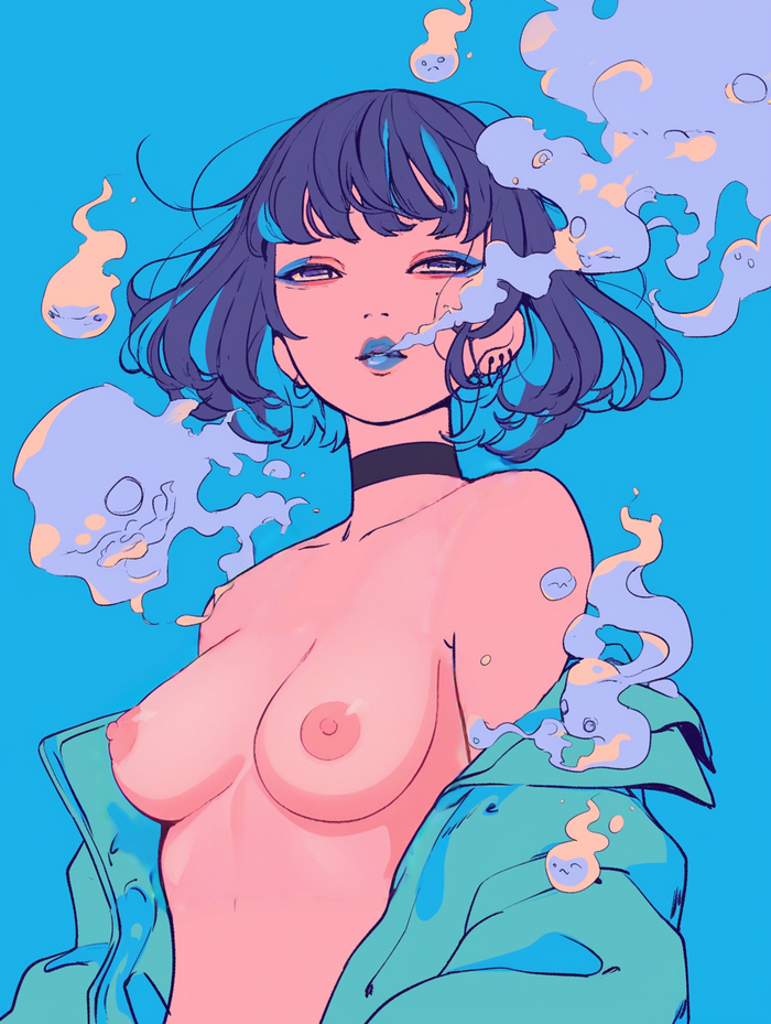 Discouraging beauty - NSFW, My, Anime, Girls, Art, Anime art, Demon they, Neural network art, Girl with Horns, Midjourney, Topless, Choker, Colorful hair, Erotic, Hand-drawn erotica, Succubus, Smoke, Scull, Original character, Cigarettes, Naked, Longpost