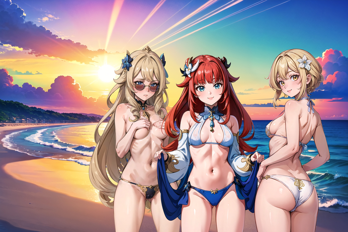 Genshin Beach Episode - NSFW, My, Anime, Anime art, Neural network art, Original character, Erotic, Hand-drawn erotica, Genshin impact, Navia (Genshin Impact), Nilou (Genshin Impact), Lumine (Genshin Impact)