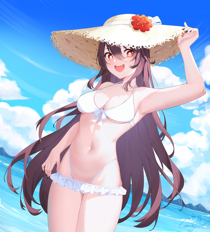 Hu Tao - NSFW, Anime art, Anime, Genshin impact, Hu Tao (Genshin Impact), Bikini, Swimsuit, Straw hat, Sea