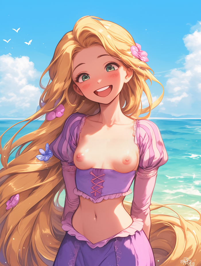 Rapunzel's new corset - NSFW, My, Neural network art, Girls, Art, Rapunzel, Topless, Anime, Anime art, Long hair, Blonde, Erotic, Hand-drawn erotica, Disney princesses, Rapunzel Tangled, Walt disney company, Characters (edit), Smile, Sea, Corset