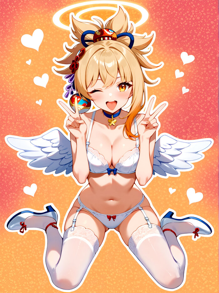 Little angel - NSFW, Anime, Anime art, Yoimiya (Genshin Impact), Genshin impact, Underwear, Pantsu, Stockings, Wings