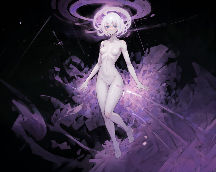 Two Forms of Epsilon - NSFW, My, Neural network art, Stable diffusion, Girls, Anime art, Original character, Polymorphus, Naked, Blue eyes, No face, Space, Atmospheric, Hand-drawn erotica