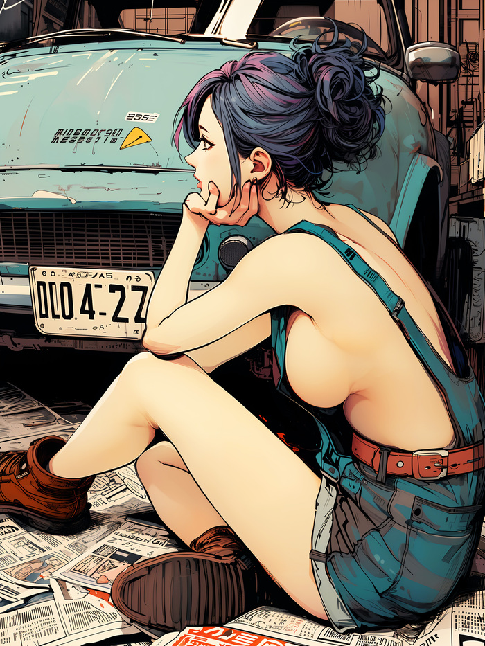 In the garage - NSFW, Girls, Erotic, Art, Нейронные сети, Neural network art, Midjourney, Sideboob