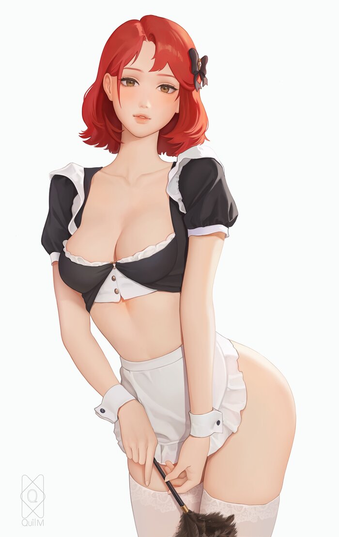 Housemaid - NSFW, Art, Drawing, Original character, Housemaid, Girls, Erotic, Hand-drawn erotica, Stockings, Boobs, Booty, Apron, Red hair, Quilm