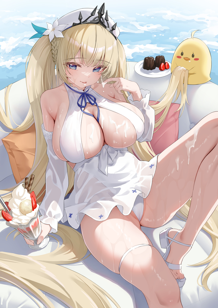 Painleve - NSFW, Anime Art, Аниме, Azur Lane, Painleve, Купальник, Сиськи, Мороженое, Manjuu