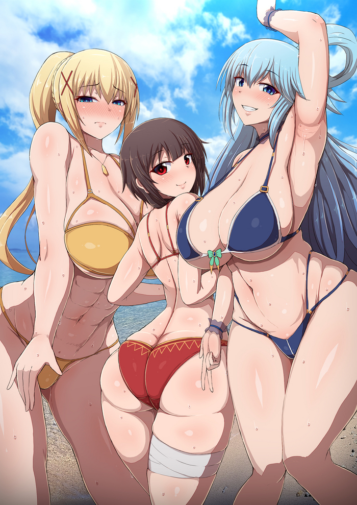 Three of us on the beach - NSFW, Anime, Anime art, Konosuba, Swimsuit, Darkness, Megumin, Aqua