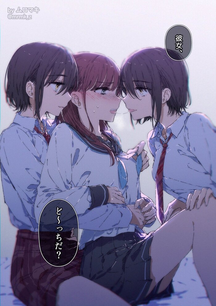 With twins - NSFW, Anime art, Anime, Friend, Yuri, Original character, Hugs, Petting, Kiss, Twitter (link)