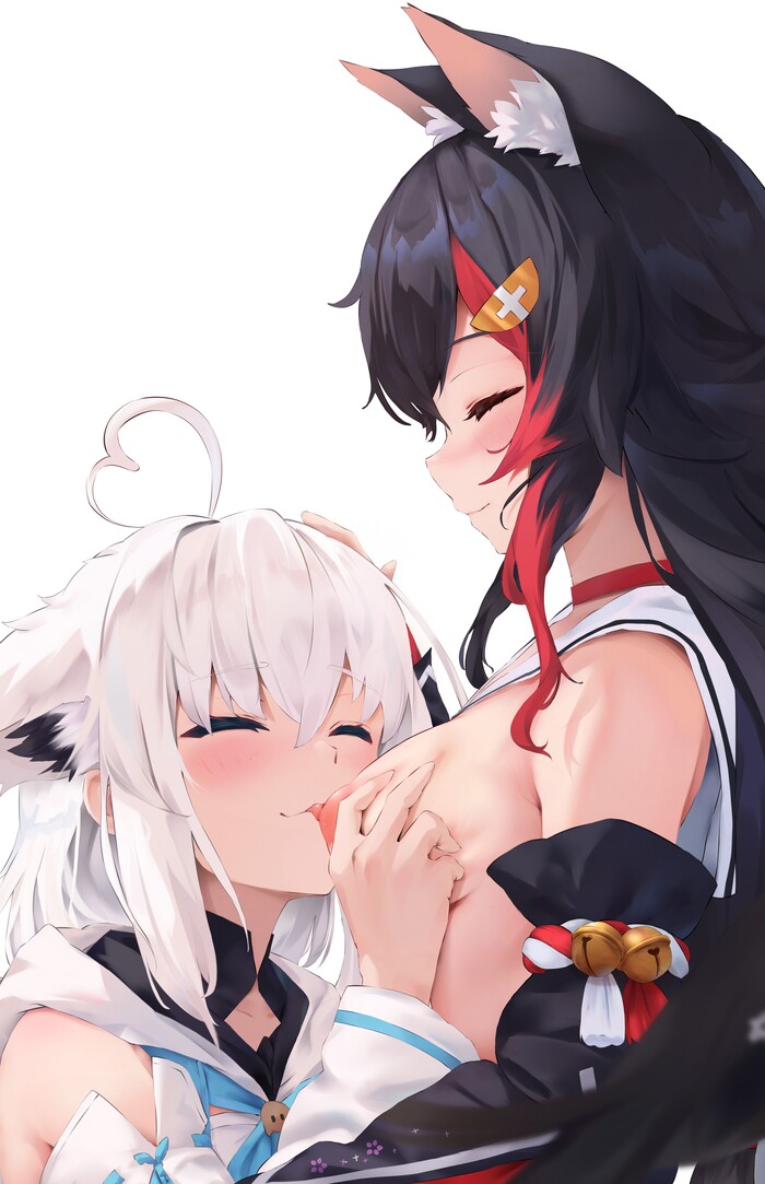 Chanterelles - NSFW, Anime art, Anime, Hololive, Virtual youtuber, Shirakami fubuki, Ookami Mio, Animal ears, Boobs, Yuri, Longpost