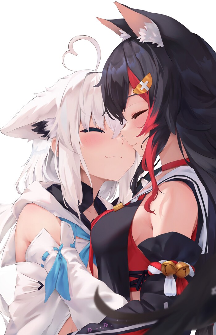 Chanterelles - NSFW, Anime art, Anime, Hololive, Virtual youtuber, Shirakami fubuki, Ookami Mio, Animal ears, Boobs, Yuri, Longpost