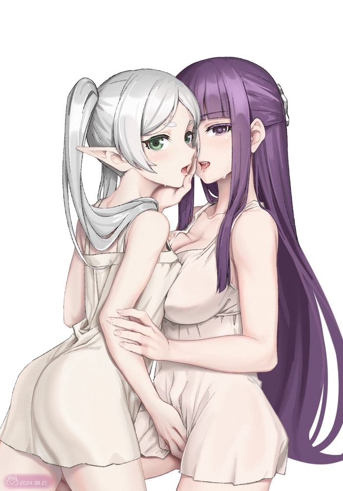 Frieren & Fern - NSFW, Anime art, Anime, Friend, Yuri, Sousou no Frieren, Frieren, Fern, Boobs, Fingering, Kiss, Longpost