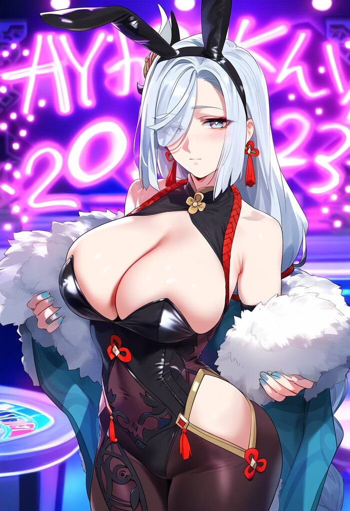 Shen He the Bunny - NSFW, Art, Anime, Anime art, Hand-drawn erotica, Erotic, Neural network art, Genshin impact, Shenhe (Genshin Impact), Bunnysuit, Extra thicc