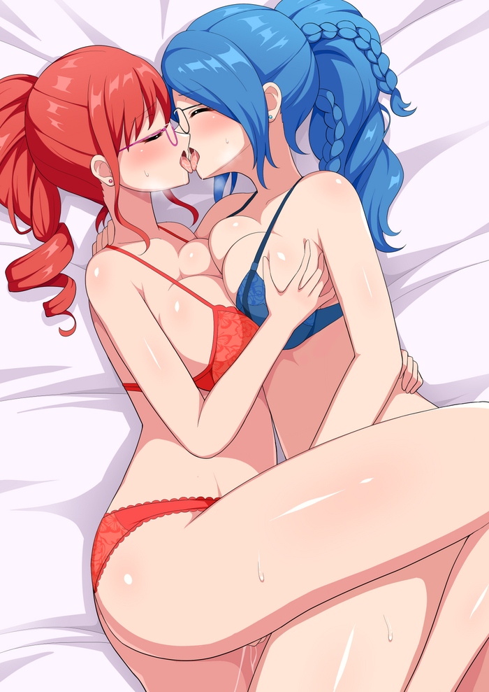 Original - NSFW, Anime art, Anime, Friend, Yuri, Original character, Underwear, Hugs, Petting, Fingering, Kiss, Longpost