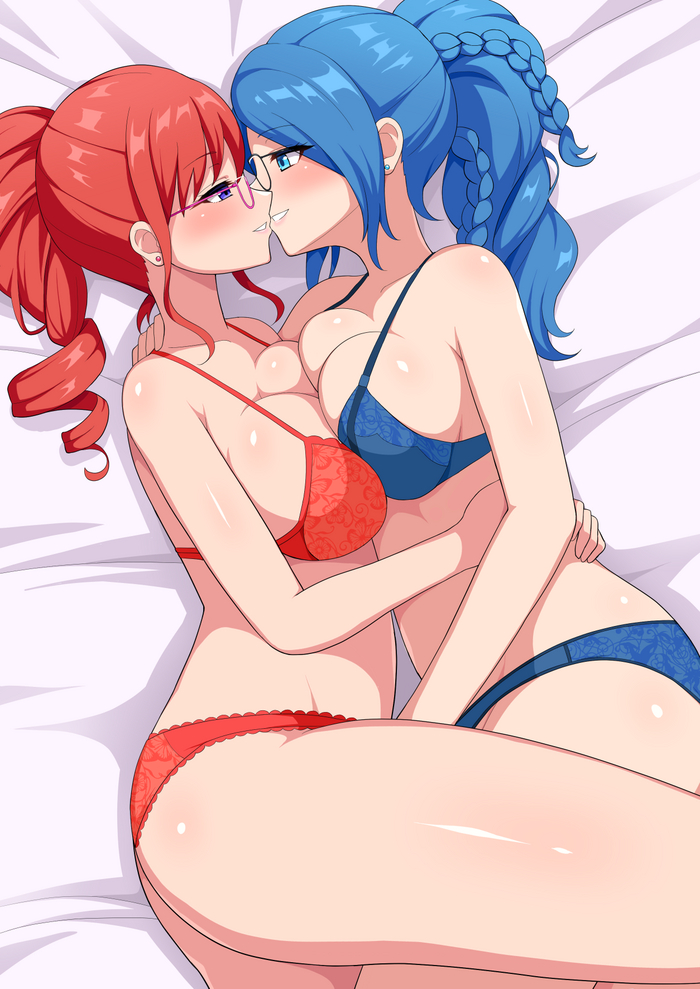 Original - NSFW, Anime art, Anime, Friend, Yuri, Original character, Underwear, Hugs, Petting, Fingering, Kiss, Longpost