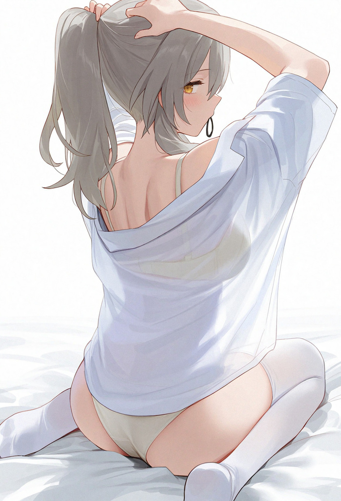 Stella with a ponytail - NSFW, Anime art, Anime, Girls, Games, Honkai: Star Rail, Stelle (Honkai: Star Rail), Underpants, Pantsu