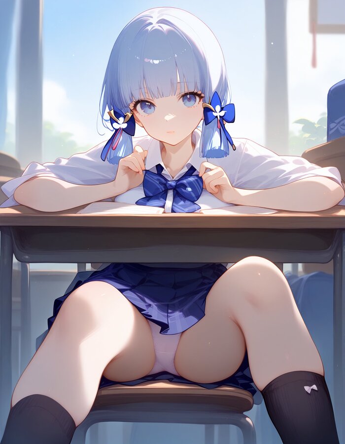 White - NSFW, Anime, Anime art, Kamisato Ayaka (Genshin Impact), Genshin impact, Pantsu, Desk, Neural network art, Skirt