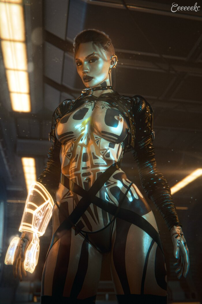 Джек - NSFW, Арт, 3D, Игры, Mass Effect, Джек, Девушки, Тату, Девушка с тату, Стринги, Сиськи, Эротика