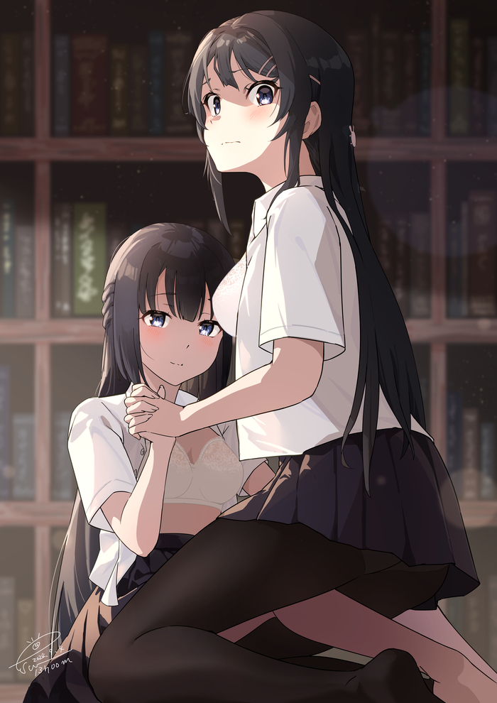 Mai & Shoko - NSFW, Anime Art, Аниме, Подруга, Yuri, Mai Sakurajima, Нижнее белье, Держание за руки, Shoko Makinohara, Rascal Does Not Dream of Bunny Girl Senpai