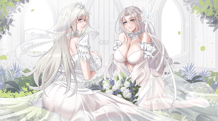 Little sisters - NSFW, Anime art, Pixiv, Anime, Hips, Boobs, Booty, Azur lane, Enterprise (Azur Lane), Yorktown