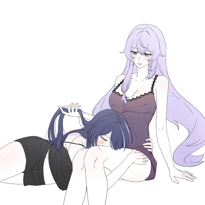 Black Swan & Acheron - NSFW, Anime Art, Аниме, Подруга, Yuri, Honkai: Star Rail, Black Swan (Honkai: Star Rail), Acheron (Honkai: Star Rail), Обнимашки, Нижнее белье, Ошейник, Фингеринг, Twitter (ссылка), Длиннопост