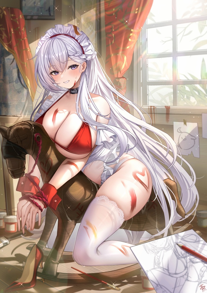 Belfast - NSFW, Anime Art, Аниме, Azur Lane, Sirius, Сиськи, Чулки, Длиннопост, Belfast