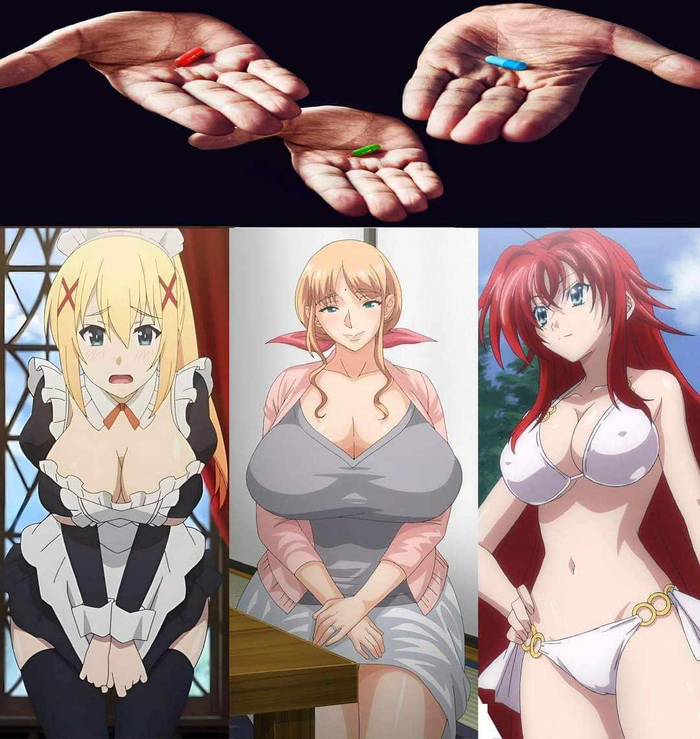 The most difficult choice will be made only by the strongest - NSFW, Survey, Anime, Anime memes, Picture with text, Konosuba, High School DXD, Darkness, Rias Gremory, Boobs, Hentai