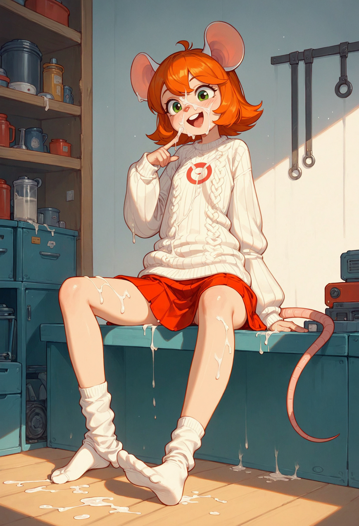 Explosion at the condensed milk factory ~ - NSFW, My, Art, Girls, Furry, Condensed milk, Anime, Anime art, Original character, Neural network art, Tail, Redheads, Pullover, Soiled, Mouse, Green eyes, Smile, Socks, Is sitting, Erotic, Hand-drawn erotica