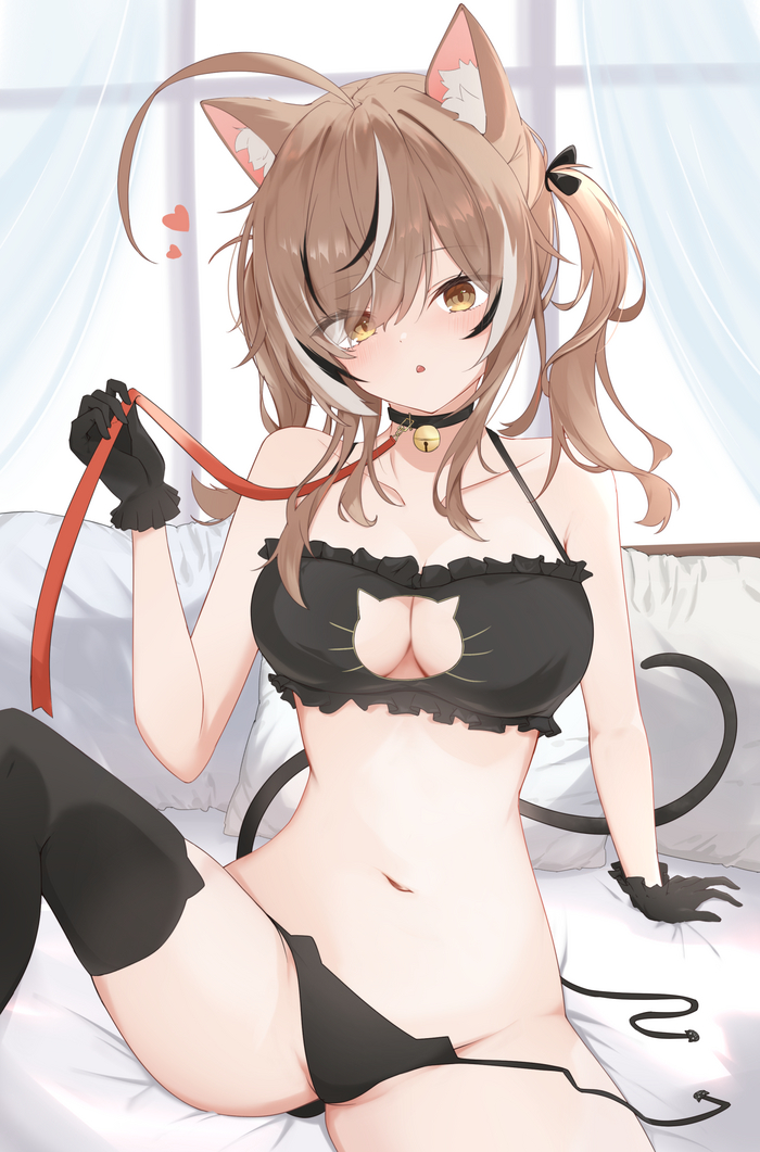 Nya!?! - NSFW, Anime art, Anime, Hololive, Virtual youtuber, Nanashi Mumei, Cat keyhole bra, Collar, Leash, Animal ears