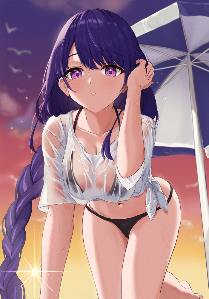 Ei on the beach - NSFW, Raiden Shogun (Genshin Impact), Genshin impact, Anime art, Pixiv, Anime, Hips, Boobs, Swimsuit