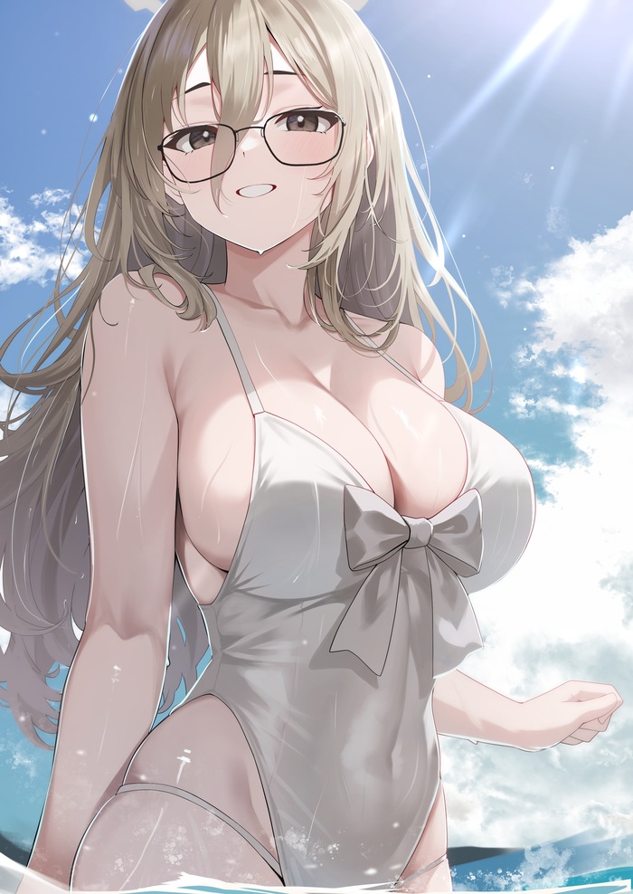 Murokasa Akane - NSFW, Art, Anime art, Anime, Blue archive, Murokasa Akane, Girl in glasses, Swimsuit, Boobs, Erotic, Hand-drawn erotica