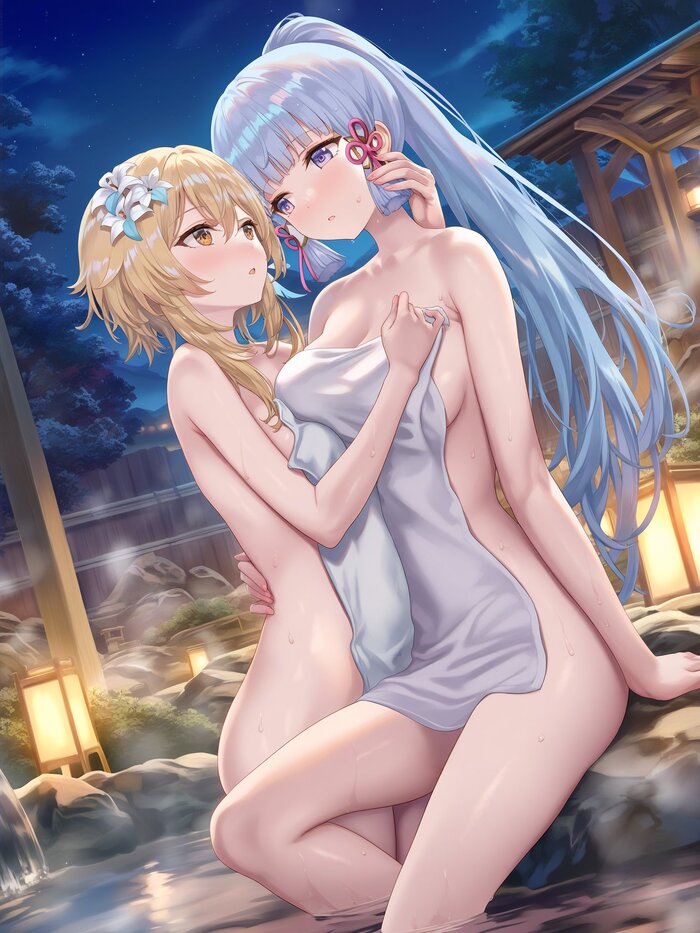 At the hot springs - NSFW, Anime art, Anime, Girls, Games, Genshin impact, Lumine (Genshin Impact), Kamisato Ayaka (Genshin Impact), Neural network art, Hand-drawn erotica, The hot springs, Towel, Yuri