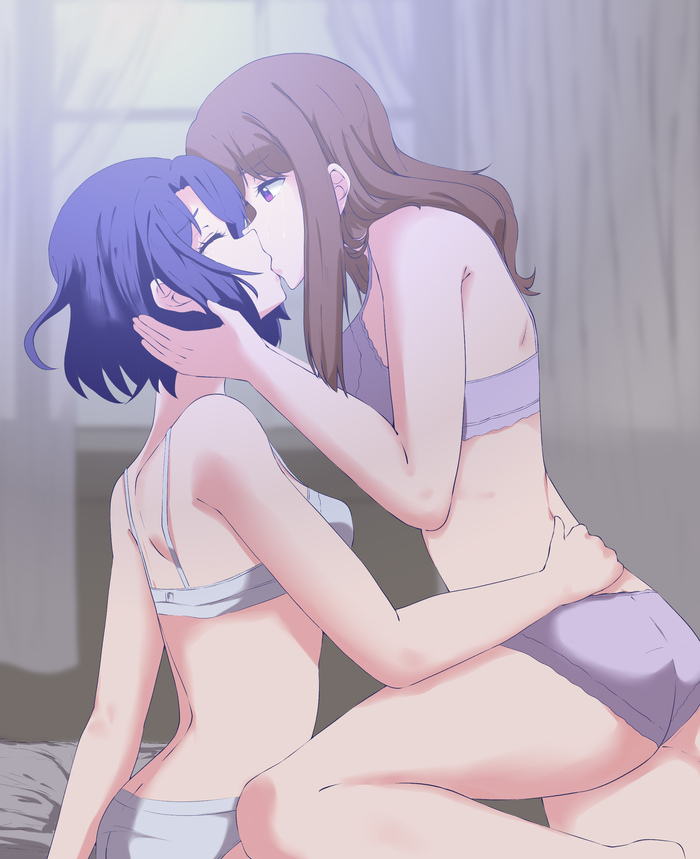 Adachi & Shimamura - NSFW, Anime art, Anime, Friend, Yuri, Adachi to Shimamura, Underwear, Kiss, Hugs