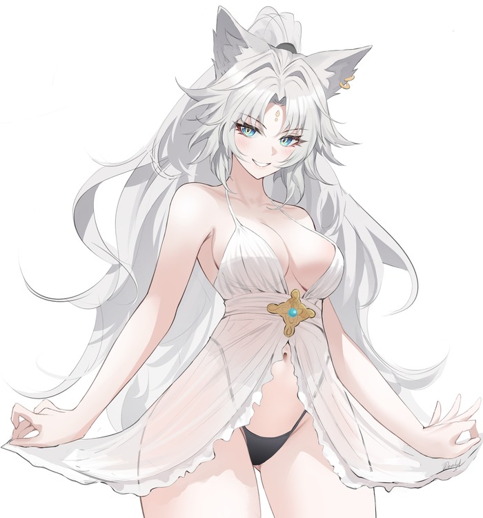 Feixiao - NSFW, Anime Art, Аниме, Honkai: Star Rail, Feixiao (Honkai: Star Rail), Animal Ears, Кицунэ, Сиськи, Панцу