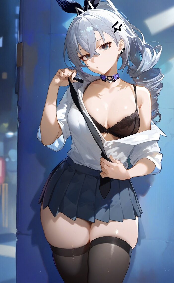 Silver Wolf - NSFW, Аниме, Anime Art, Silver Wolf (Honkai: Star Rail), Honkai: Star Rail, Бюстгальтер, Чулки, Zettai Ryouiki, Девушки, Арты нейросетей