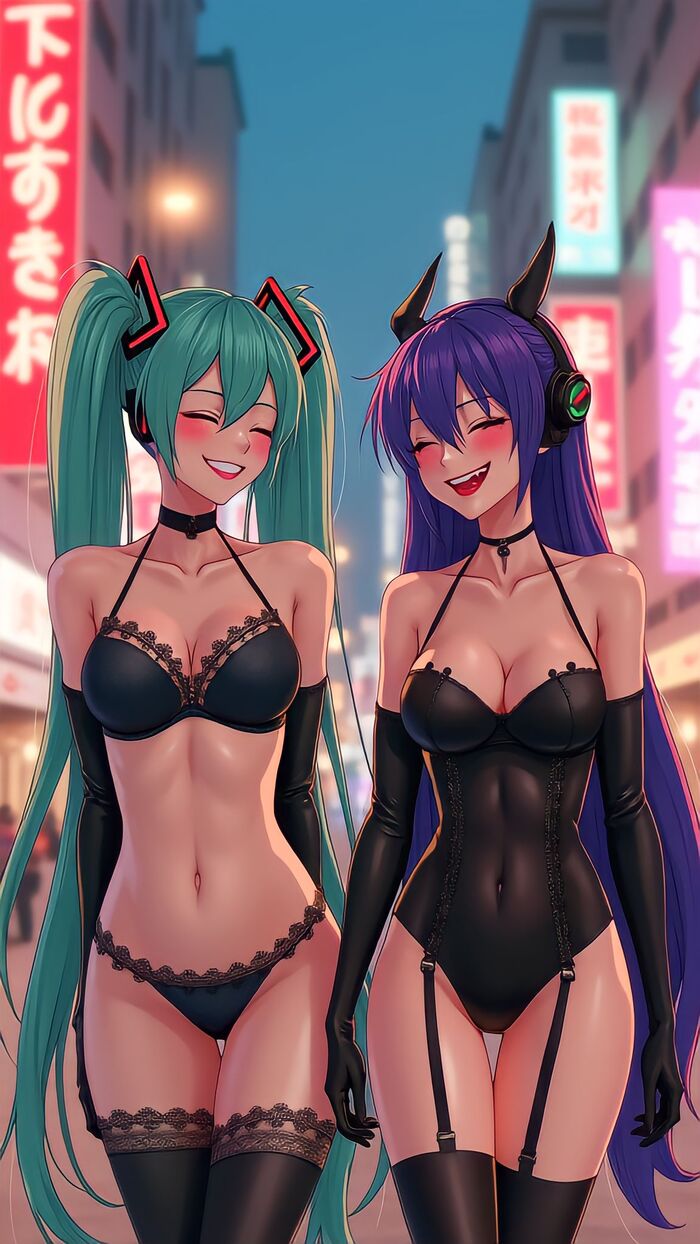 Miku with his girlfriends - NSFW, My, Neural network art, Anime, Flux, Hatsune Miku, Longpost, Friday Miku, Hand-drawn erotica, Underwear, Walk, Stockings, Choker