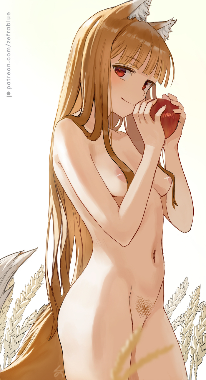 Холо - NSFW, Anime Art, Аниме, Holo, Spice and wolf, Animal Ears, Dobutsu, Яблоки, Пшеница, Сиськи