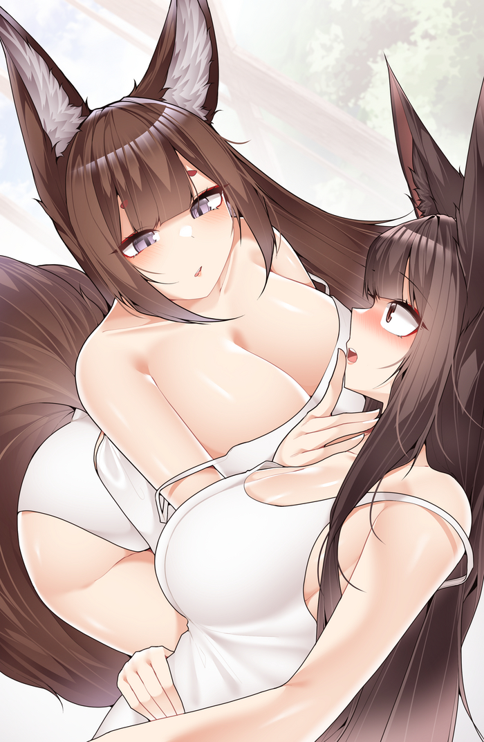 Амаги и Акаги - NSFW, Samip, Арт, Аниме, Anime Art, Рисованная эротика, Эротика, Azur Lane, Amagi, Akagi, Animal Ears, Хвост, Кицунэ, Yuri