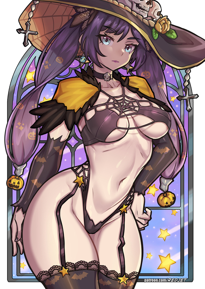 Mona Halloween - NSFW, Redjet00, Art, Anime, Anime art, Hand-drawn erotica, Erotic, Genshin impact, Mona (genshin impact), Game art, Choker