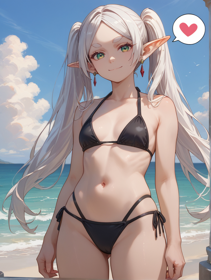 Reply to the post Frieren - NSFW, My, Anime, Anime art, Sousou no Frieren, Frieren, Swimsuit, Beach, Bikini, Elves, Neural network art, Reply to post, Longpost