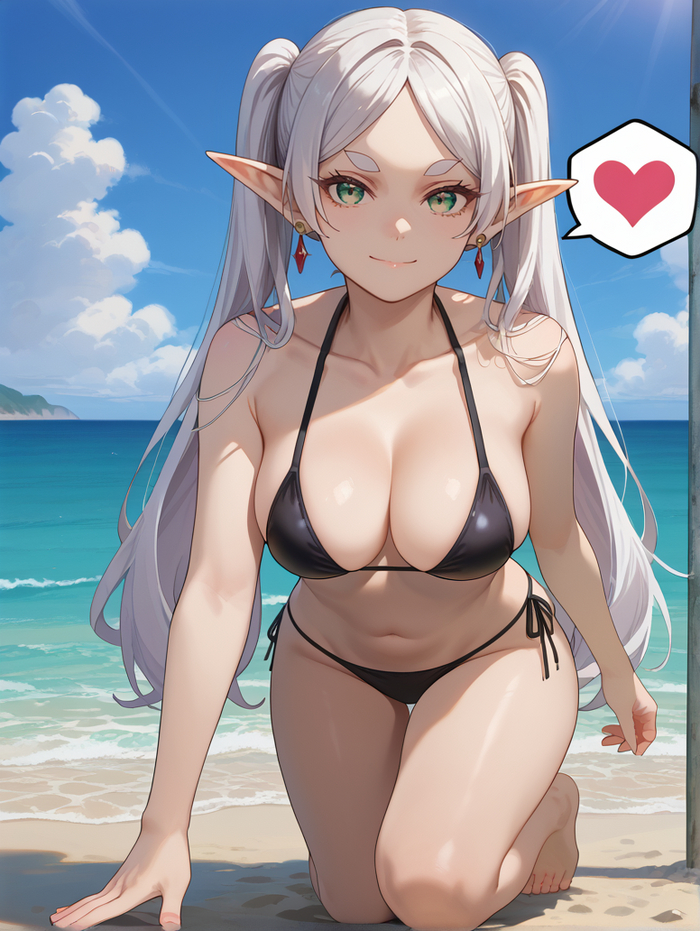 Reply to the post Frieren - NSFW, My, Anime, Anime art, Sousou no Frieren, Frieren, Swimsuit, Beach, Bikini, Elves, Neural network art, Reply to post, Longpost