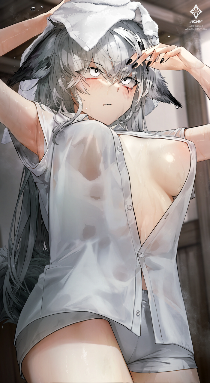 After shower - NSFW, Art, Anime, Anime art, Arknights, Lappland, Animal ears, Boobs, Hand-drawn erotica, Erotic