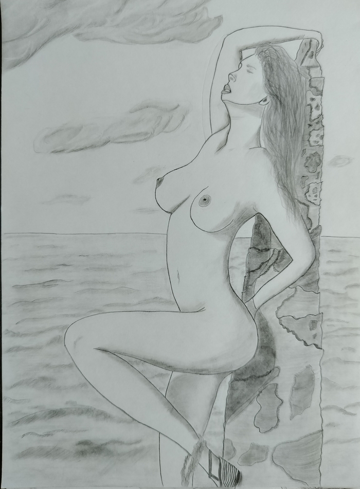 By the sea - NSFW, My, Drawing, Pencil drawing, Creation