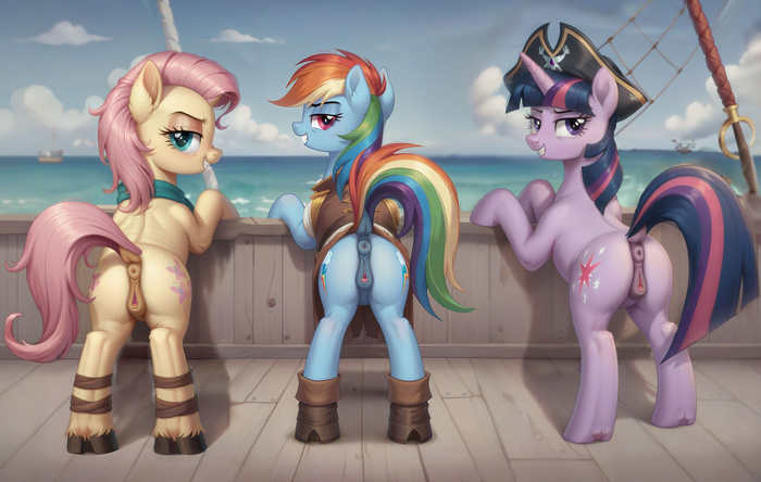 Thunderstorm of the 7 Seas - Six of Manes - NSFW, My little pony, PonyArt, MLP Explicit, MLP anatomically correct, Neural network art, Fluttershy, Rainbow dash, Twilight sparkle, 18+