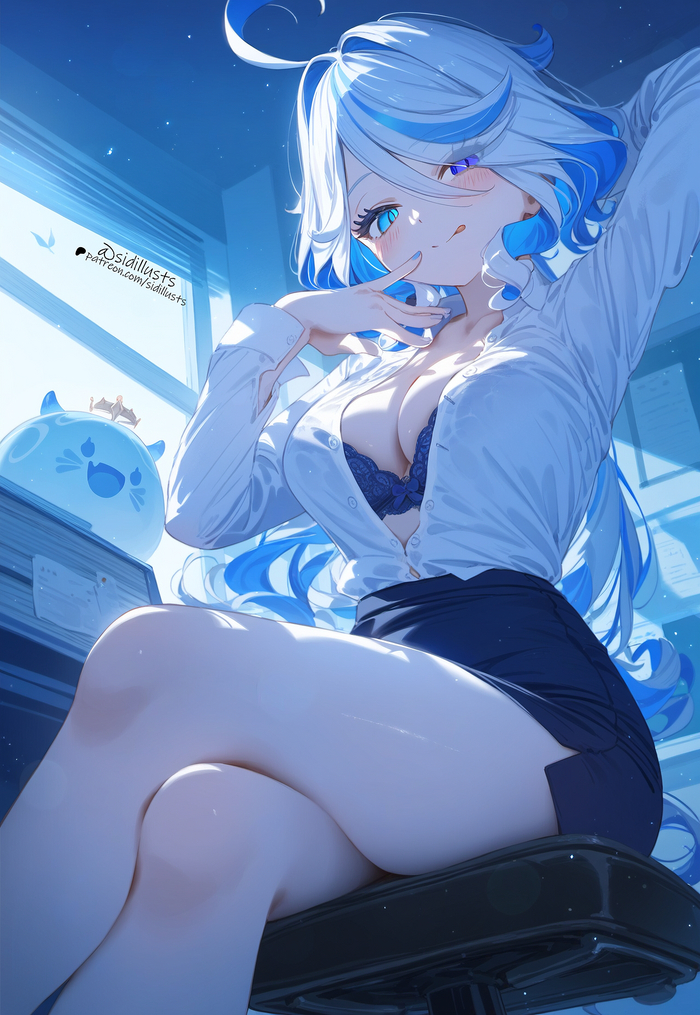 Furina #002 - NSFW, Аниме, Anime Art, Genshin Impact, Furina (Genshin Impact), Девушки, Сидит, Бюстгальтер, Декольте, Смущение, Юбка, Блузка