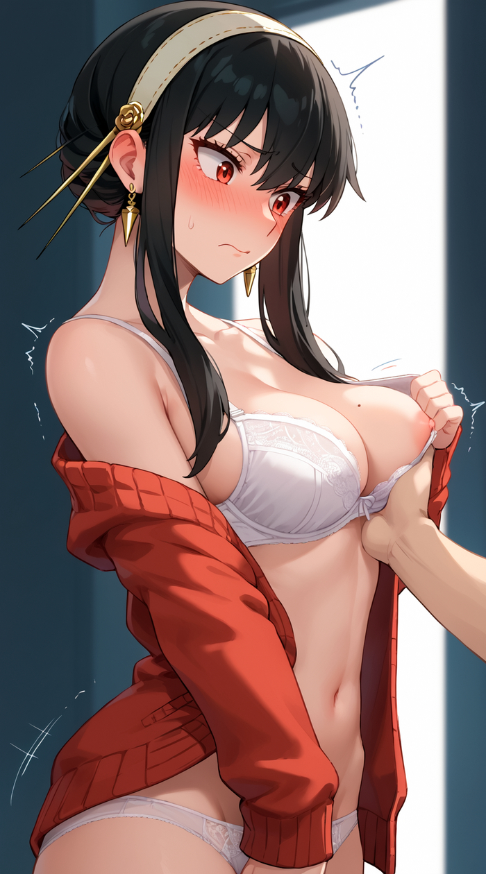 Continuation of the post Embarrassed Yor in Lingerie - NSFW, My, Yor Forger, Underwear, Anime art, Girls, Neural network art, Stable diffusion, Portrait, Embarrassment, Red eyes, Zhmyak, Spy X Family, Hand-drawn erotica, Digital drawing, Boobs, Brunette, Reply to post