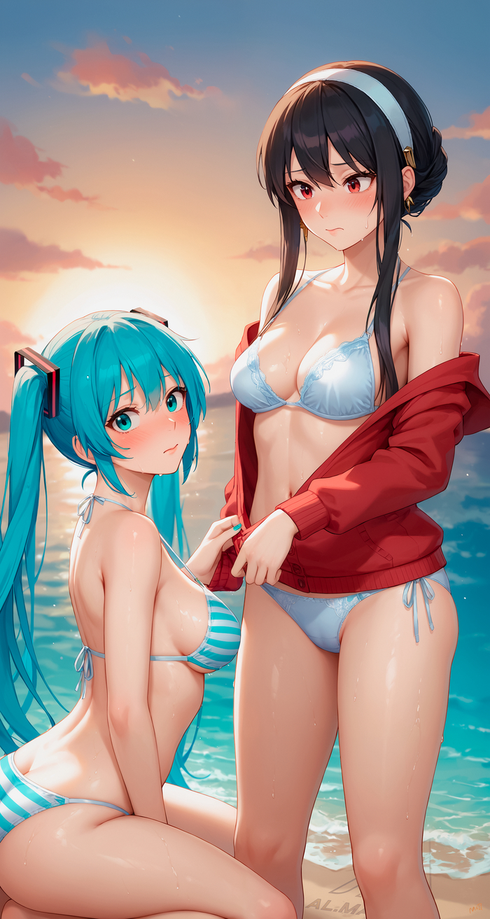 Friday Miku No14.4: Yor, take off your sweater already! Friday ends... - NSFW, My, Hatsune Miku, Friday Miku, Yor Forger, Spy X Family, Crossover, Digital drawing, Neural network art, Stable diffusion, Anime art, Portrait, Girls, Bikini, Underwear, Sea, Sunset, Wet, Blue eyes, Red eyes, Hand-drawn erotica