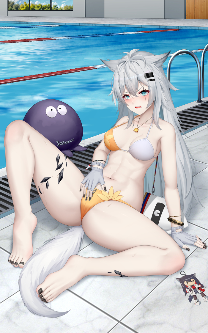 Lappa - NSFW, Anime art, Anime, Arknights, Lappland, Animal ears, Swimsuit, Tail, Longpost