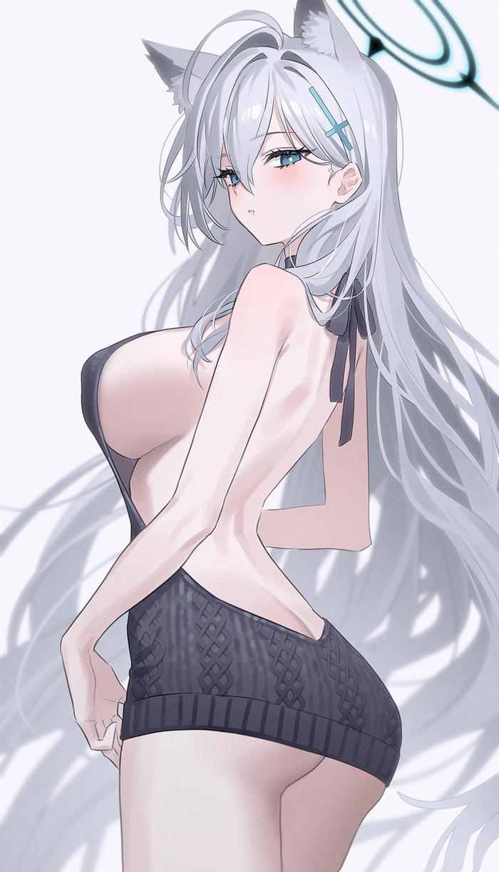 Sunaookami Shiroko #027 - NSFW, Anime, Anime art, Blue archive, Sunaookami shiroko, Shiroko Terror, Girls, Pullover, Long hair, Barrette, Nimbus, Underboob, Blue eyes, Animal ears, Embarrassment, Fymrie, Virgin killer sweater, 18+