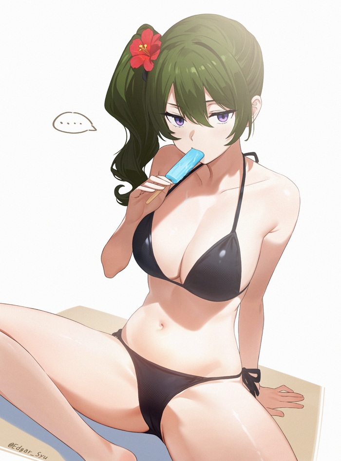 What are you staring at, Land? Do you want some ice cream too? - 18+, Boobs, Art, Swimsuit, Hand-drawn erotica, Anime, Ubel (Sousou no Frieren), Sousou no Frieren, Anime art, NSFW