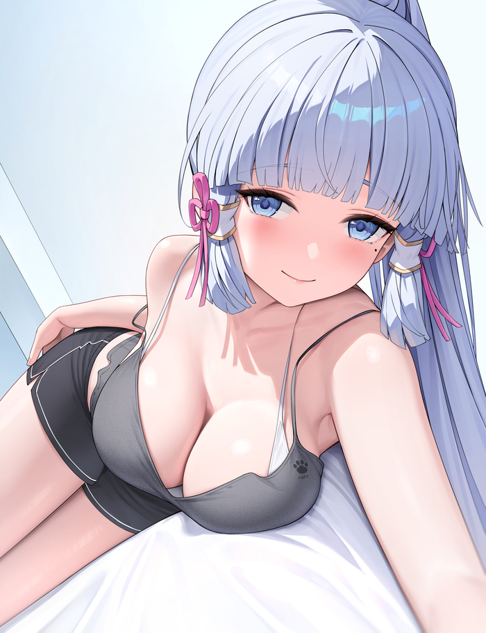 Kamisato Ayaka #002 - 18+, Anime, Anime art, Genshin impact, Kamisato Ayaka (Genshin Impact), Girls, Blue eyes, Long hair, Bed, Neckline, Shorts, Rosumerii, Smile, Birthmarks, Topic, Lies, NSFW